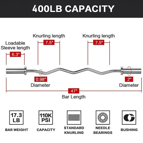 47 Inch Olympic EZ Curl Bar – 400lb Capacity, 4 Needle Bearings, Chrome Steel – By Philosophy Gym