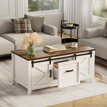 Coffee Table with Refrigerated Drawer Farmhouse Sliding Barn Door Storage Cabinet, Adjustable Shelves, 47.2" White & Brown Living Room Table