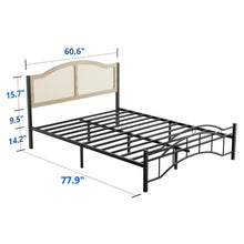 Queen Bed Frame, Metal Platform, Rattan-Style Headboard