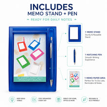 Memo Stand with Pen, Blue Desk Note Holder, 12.5 x 18.5 cm