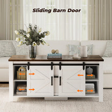 Coffee Table with Refrigerated Drawer Farmhouse Sliding Barn Door Storage Cabinet, Adjustable Shelves, 47.2" White & Brown Living Room Table