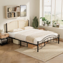 Queen Bed Frame, Metal Platform, Rattan-Style Headboard