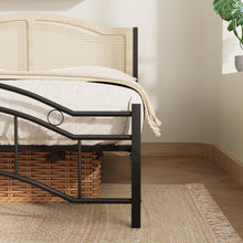 Queen Bed Frame, Metal Platform, Rattan-Style Headboard