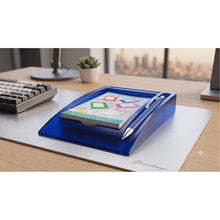 Memo Stand with Pen, Blue Desk Note Holder, 12.5 x 18.5 cm