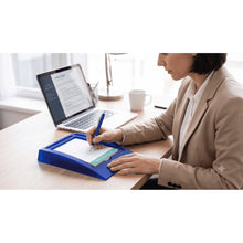 Memo Stand with Pen, Blue Desk Note Holder, 12.5 x 18.5 cm