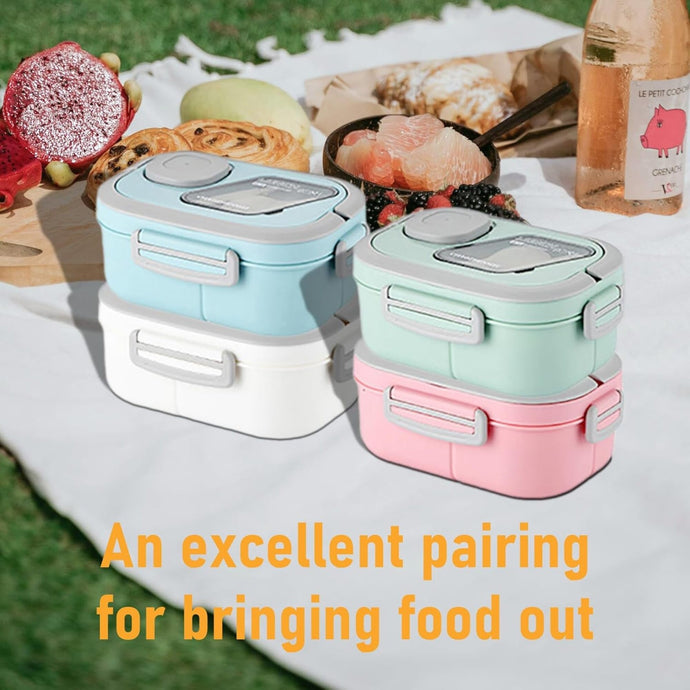 Stay organized on the go with this 3-layer leak-proof bento lunch box for adults and kids. Includes compartments, spork, and sauce cup. Microwave & dishwasher safe.