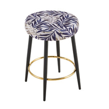 2-Piece Modern Round Counter Stools – 25” Height with Gold Footrest, Upholstered Leaf Pattern Seat, Black Metal Legs – Bar Stools for Kitchen Island, Dining Room, or Home Bar