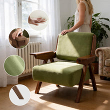 Mid Century Modern Accent Chair with Wooden Arms, 330 lb Capacity, 6.3 in Thick Cushion, 115° Backrest, Upholstered Lounge Armchair for Living Room Bedroom Reading Corner, Beige， Oliver Green and Light Blue