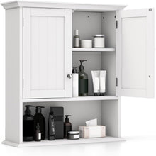 Wall Mounted Bathroom Cabinet with Double Doors and Open Shelf, Adjustable Shelves, Magnetic Door Catch, MDF Wood Storage Organizer for Bathroom, Kitchen, or Living Room – Whit