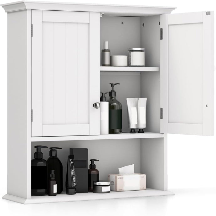 Wall Mounted Bathroom Cabinet with Double Doors and Open Shelf, Adjustable Shelves, Magnetic Door Catch, MDF Wood Storage Organizer for Bathroom, Kitchen, or Living Room – Whit
