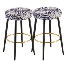 2-Piece Modern Round Counter Stools – 25” Height with Gold Footrest, Upholstered Leaf Pattern Seat, Black Metal Legs – Bar Stools for Kitchen Island, Dining Room, or Home Bar