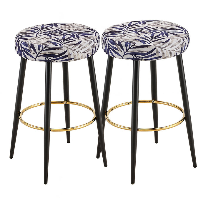 2-Piece Modern Round Counter Stools – 25” Height with Gold Footrest, Upholstered Leaf Pattern Seat, Black Metal Legs – Bar Stools for Kitchen Island, Dining Room, or Home Bar