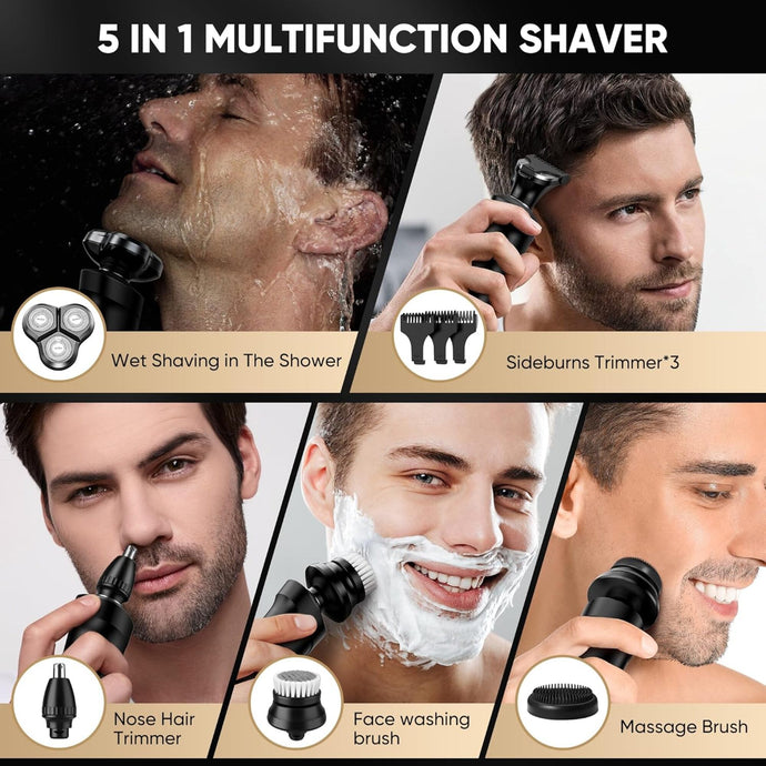 Electric Shaver 5-in-1 Grooming Kit for Men – Rechargeable Rotary Razor with Beard Trimmer, Nose Hair Trimmer, Facial Brush, 2-Speed Power, IPX7 Waterproof Wet & Dry Shaving Model TXD-X2