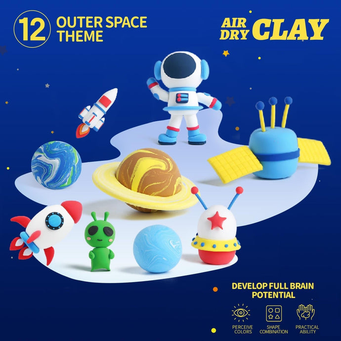 Children’s Dream Star Air Dry Clay Kit – 12-Pack Outer Space Modeling Set with Tools, DIY Space Rocket, Astronaut, Planets, Alien Crafts for Kids Age 5+, Non-Toxic Educational Art Toy Gift