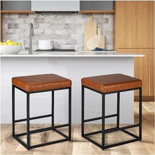 2PCS Square Bar Stool Set – 24" Counter & Bar Height, PU Leather Cushion, Heavy-Duty Steel Frame, Footrest & Non-Slip Feet for Kitchen Island, Bar & Dining