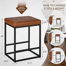 2PCS Square Bar Stool Set – 24" Counter & Bar Height, PU Leather Cushion, Heavy-Duty Steel Frame, Footrest & Non-Slip Feet for Kitchen Island, Bar & Dining