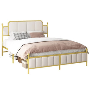 Queen Size Upholstered Bed Frame, Metal Bed Frame with Linen Fabric Headboard, Under Bed Storage, No Box Spring Required (Beige)