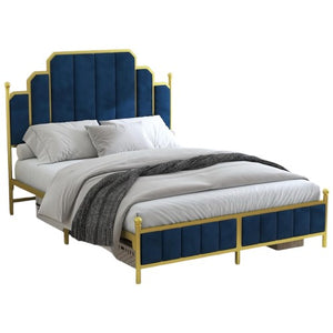 Queen Size Upholstered Bed Frame, Metal Bed Frame with Linen Fabric Headboard, Under Bed Storage, No Box Spring Required (Blue)