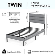 Twin Upholstered Bed Frame with Fabric Headboard, Heavy-Duty Metal Slat Support, 14” Underbed Storage, No Box Spring Needed, Modern Platform Bed