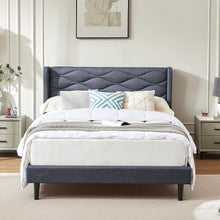 Modern Upholstered Queen Bed Frame with Wingback Headboard – Stylish Linen Fabric Platform Bed with Sturdy Wood Slats and Under-Bed Storage, Grey