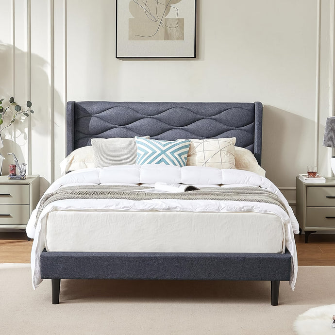 Modern Upholstered Queen Bed Frame with Wingback Headboard – Stylish Linen Fabric Platform Bed with Sturdy Wood Slats and Under-Bed Storage, Grey