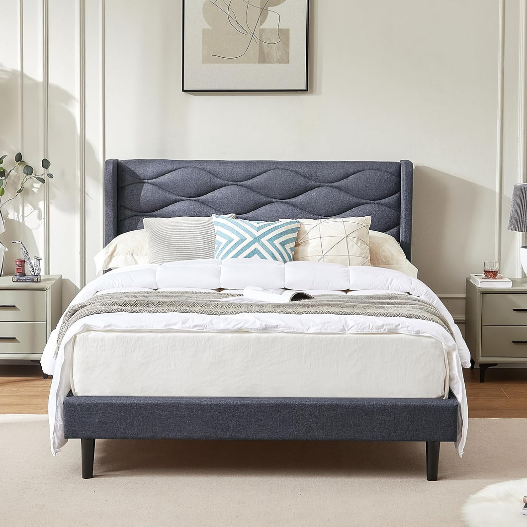 Modern Upholstered Queen Bed Frame with Wingback Headboard – Stylish Linen Fabric Platform Bed with Sturdy Wood Slats and Under-Bed Storage, Grey