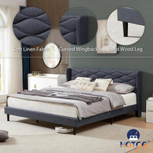 Modern Upholstered Queen Bed Frame with Wingback Headboard – Stylish Linen Fabric Platform Bed with Sturdy Wood Slats and Under-Bed Storage, Grey