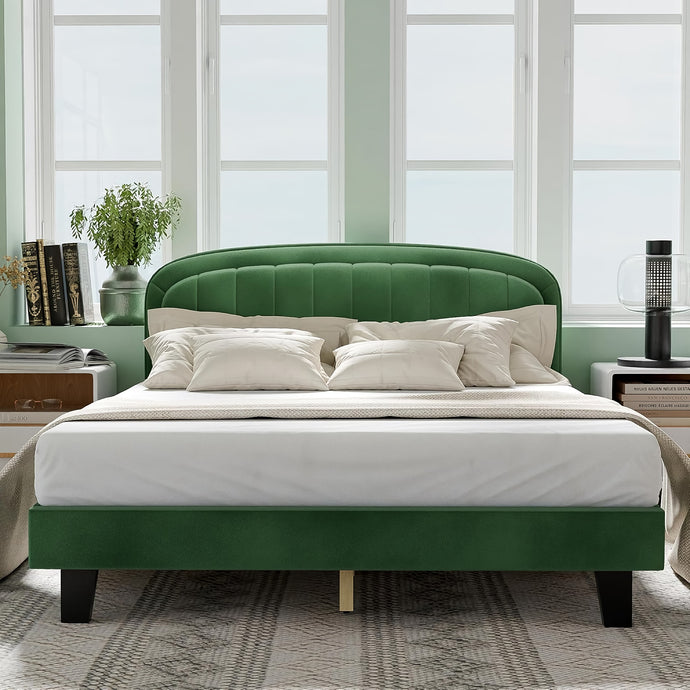 Modern Velvet Queen Bed Frame with Adjustable Headboard – Green