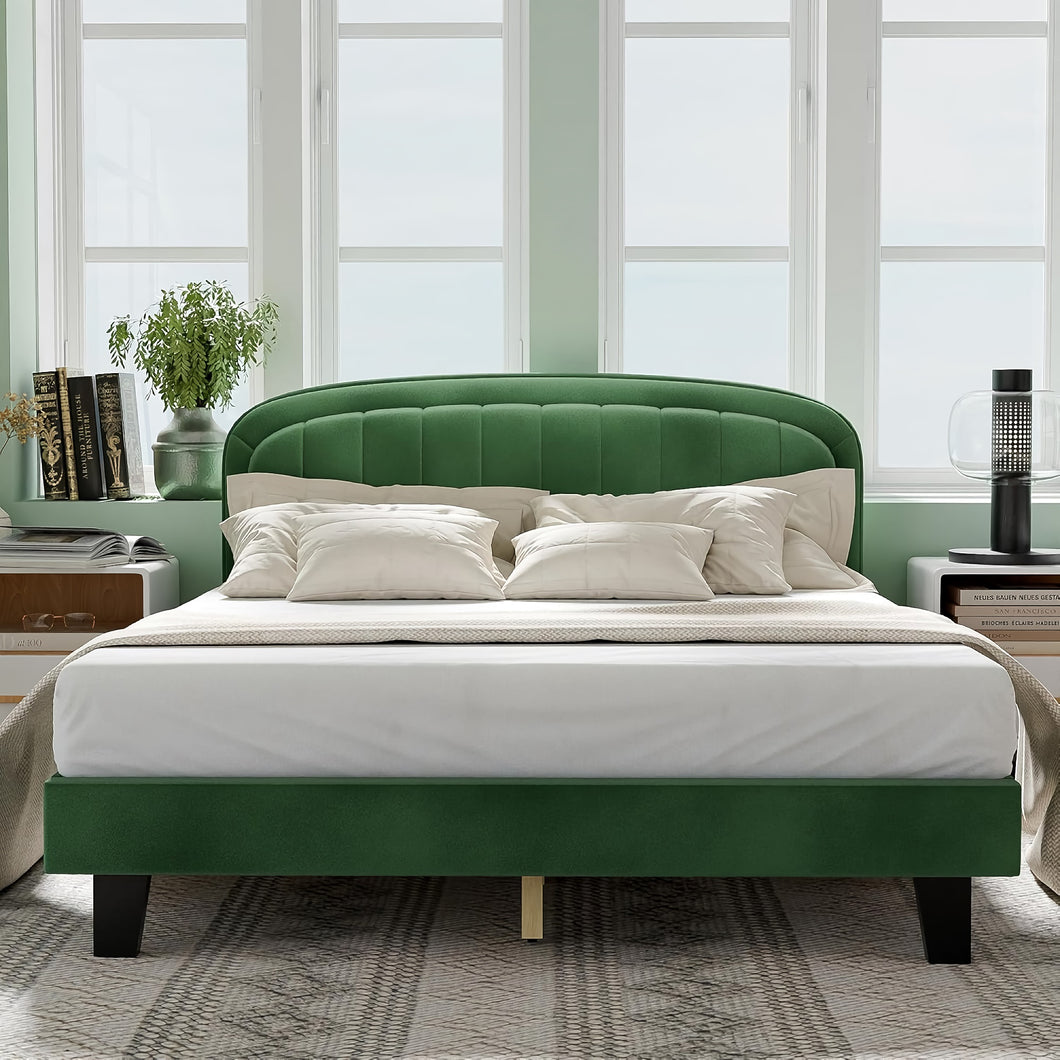 Modern Velvet Queen Bed Frame with Adjustable Headboard – Green