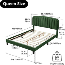 Modern Velvet Queen Bed Frame with Adjustable Headboard – Green