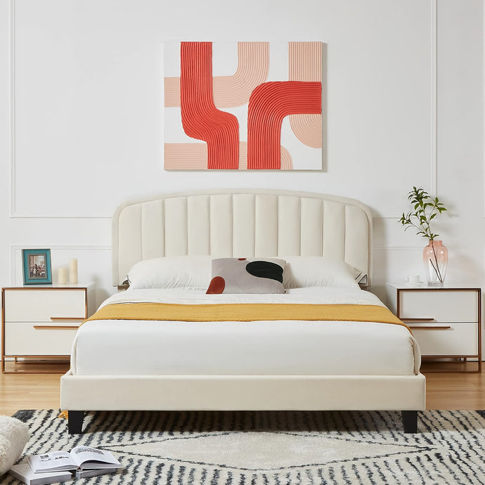 Modern Velvet Queen Bed Frame with Adjustable Headboard – White