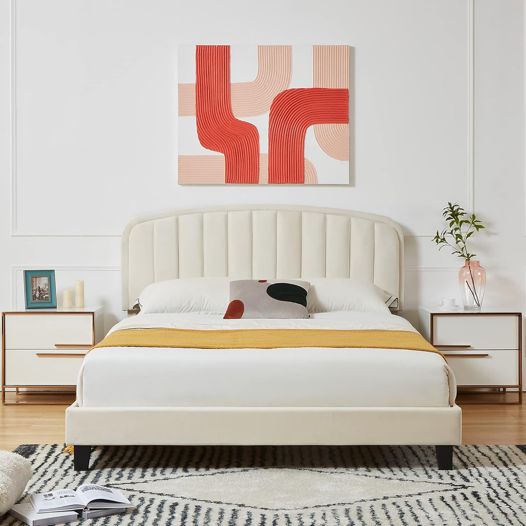 Modern Velvet Queen Bed Frame with Adjustable Headboard – White