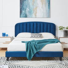 Modern Velvet Queen Bed Frame with Adjustable Headboard – Blue
