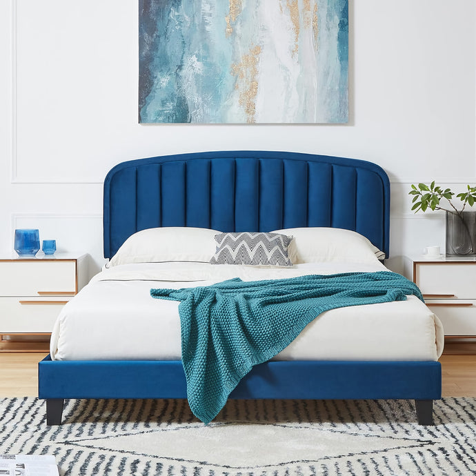 Modern Velvet Queen Bed Frame with Adjustable Headboard – Blue