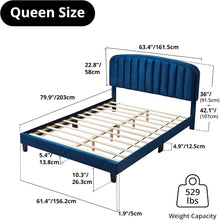 Modern Velvet Queen Bed Frame with Adjustable Headboard – Blue