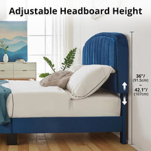 Modern Velvet Queen Bed Frame with Adjustable Headboard – Blue