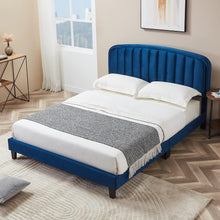 Modern Velvet Queen Bed Frame with Adjustable Headboard – Blue