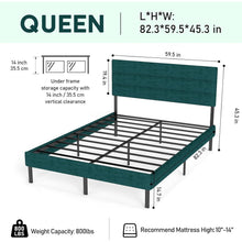 Queen Upholstered Bed Frame with Padded Headboard, Embedded Mattress Design, Noise-Free Steel Slats, 14" Under-Bed Storage, Modern Green Platform Bed