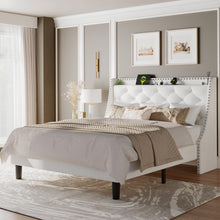Queen Upholstered Bed Frame with Wingback Headboard, Storage Shelf & AC/USB Charging Station, Wood Slat Support, No Box Spring Needed, Beige