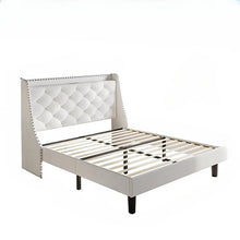 Queen Upholstered Bed Frame with Wingback Headboard, Storage Shelf & AC/USB Charging Station, Wood Slat Support, No Box Spring Needed, Beige