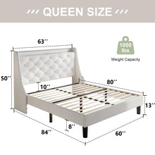 Queen Upholstered Bed Frame with Wingback Headboard, Storage Shelf & AC/USB Charging Station, Wood Slat Support, No Box Spring Needed, Beige