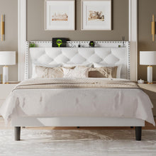 Queen Upholstered Bed Frame with Wingback Headboard, Storage Shelf & AC/USB Charging Station, Wood Slat Support, No Box Spring Needed, Beige