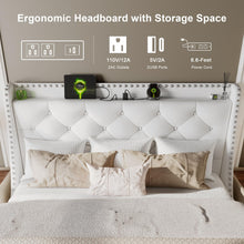 Queen Upholstered Bed Frame with Wingback Headboard, Storage Shelf & AC/USB Charging Station, Wood Slat Support, No Box Spring Needed, Beige