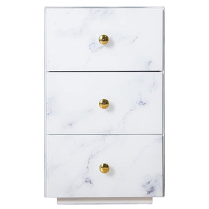 Bedside Table, Functional Nightstand with 3 Drawers, White Marble Textured Glass Surface, Metal Handles - INTA009