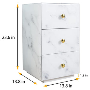 Bedside Table, Functional Nightstand with 3 Drawers, White Marble Textured Glass Surface, Metal Handles - INTA009