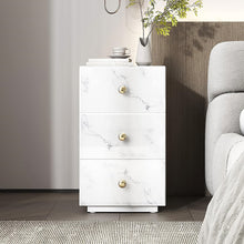 Bedside Table, Functional Nightstand with 3 Drawers, White Marble Textured Glass Surface, Metal Handles - INTA009