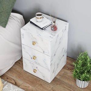 Bedside Table, Functional Nightstand with 3 Drawers, White Marble Textured Glass Surface, Metal Handles - INTA009