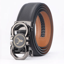 Men's Ratchet Belt, Gold Deer Accent Automatic Buckle Dress Belt, 3.5cm Adjustable Cut-to-Fit Waist Belt, Black Textured Reversible Business Casual Belt for Men, Gift for Him, Model DX38