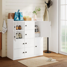 Bathroom Storage Cabinet Freestanding Floor Organizer with 8 Doors & Shelves, Waterproof P2 MDF, Modern White Cupboard for Bathroom, Entryway & Living Room