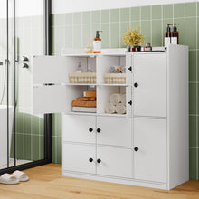 Bathroom Storage Cabinet Freestanding Floor Organizer with 8 Doors & Shelves, Waterproof P2 MDF, Modern White Cupboard for Bathroom, Entryway & Living Room